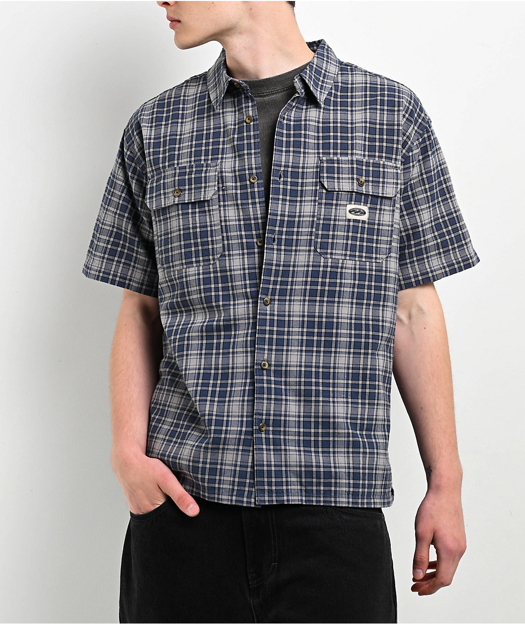 Billabong Bad Dog Plaid Blue & Grey Short Sleeve Button Up Shirt