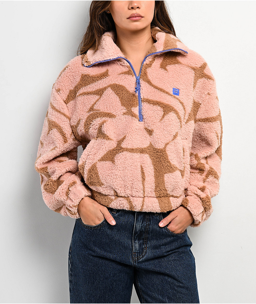 Billabong Barra Pink & Brown Half Zip Sherpa Jacket