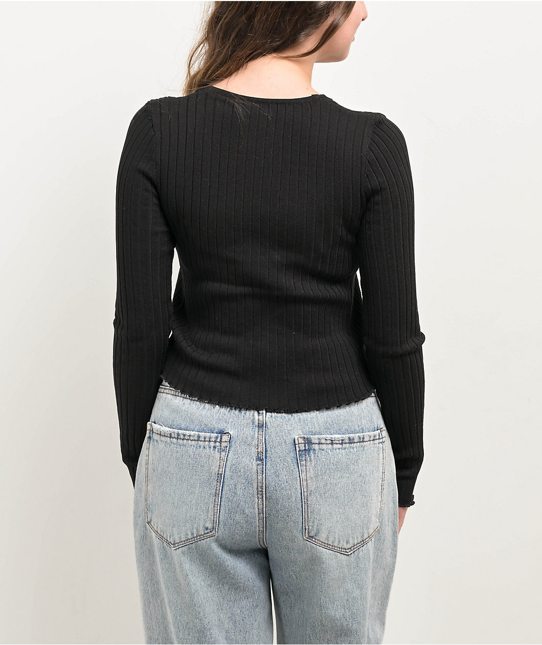 Blu Pepper Front Tie Rib Knit Black Long Sleeve Crop Top