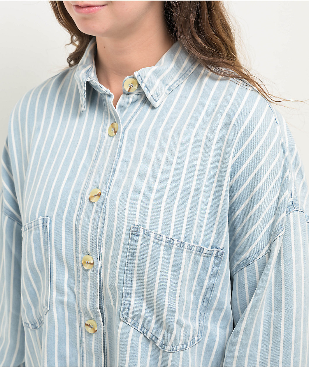 Blu Pepper Pinstripe Blue Chambray Button Up Shirt