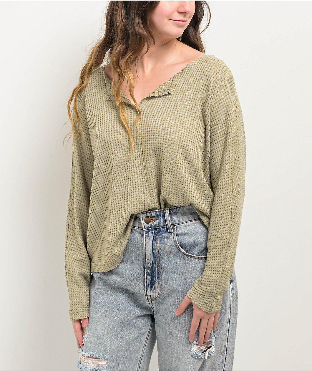 Blu Pepper Waffle Knit Split Neck Beige Long Sleeve T-Shirt