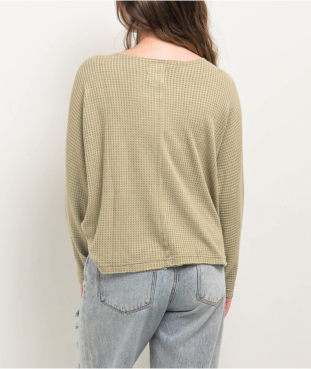 Blu Pepper Waffle Knit Split Neck Beige Long Sleeve T-Shirt