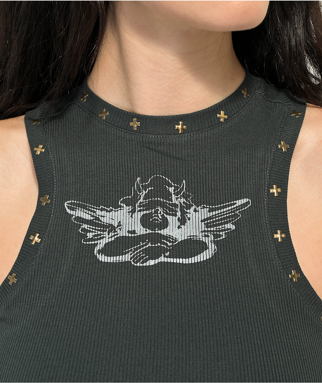 Boys Lie Stud Black Wash Crop Tank Top