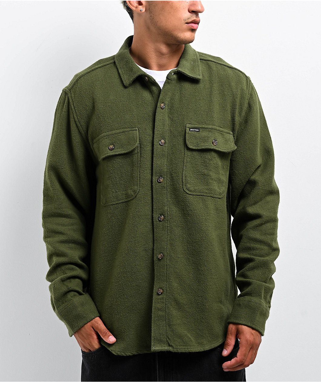 Brixton Bowery Textured Olive Surplus Long Sleeve Button Up Shirt