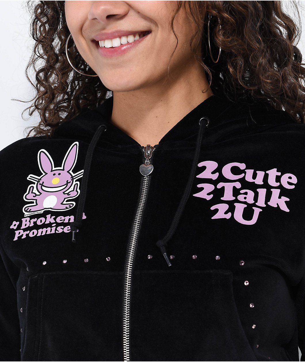 Broken Promises 2Cute Black Velour Crop Zip Hoodie