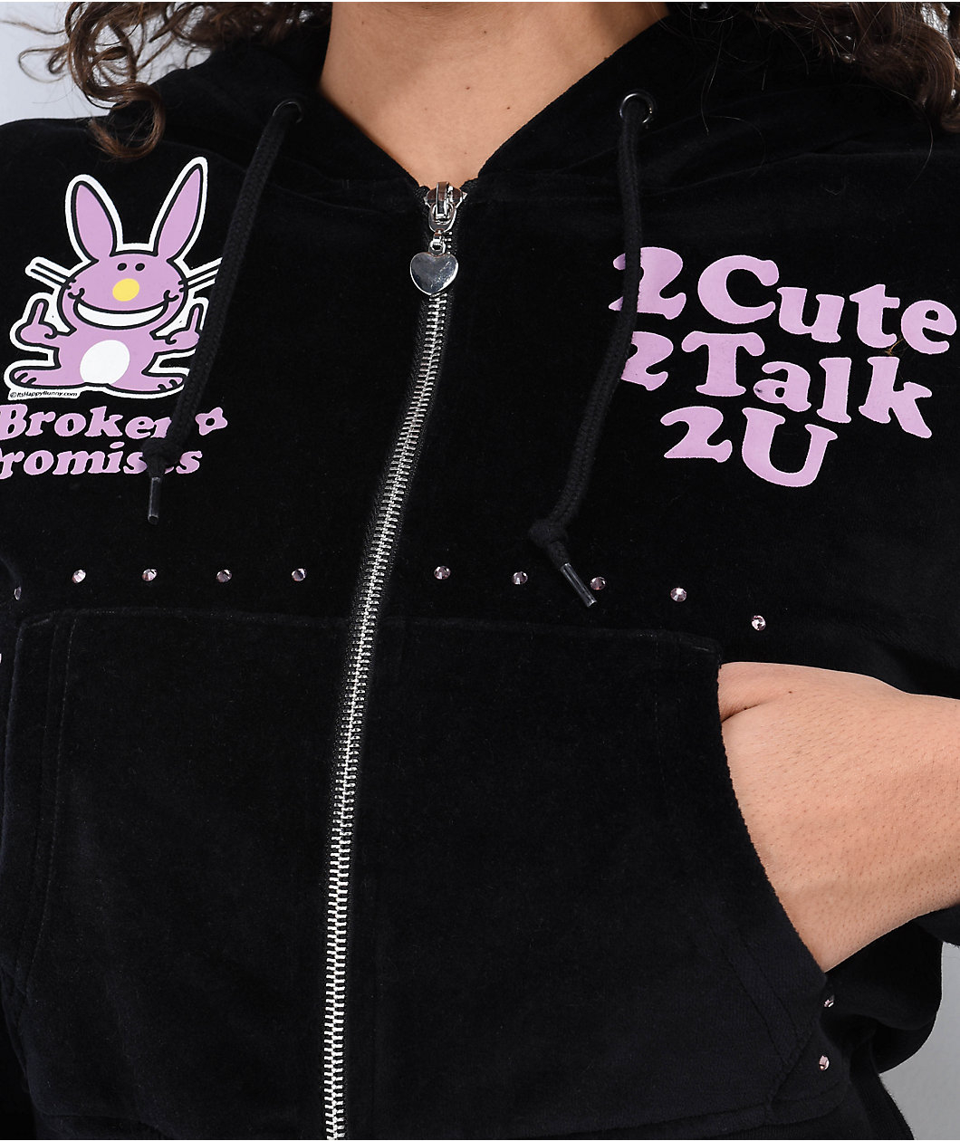 Broken Promises 2Cute Black Velour Crop Zip Hoodie