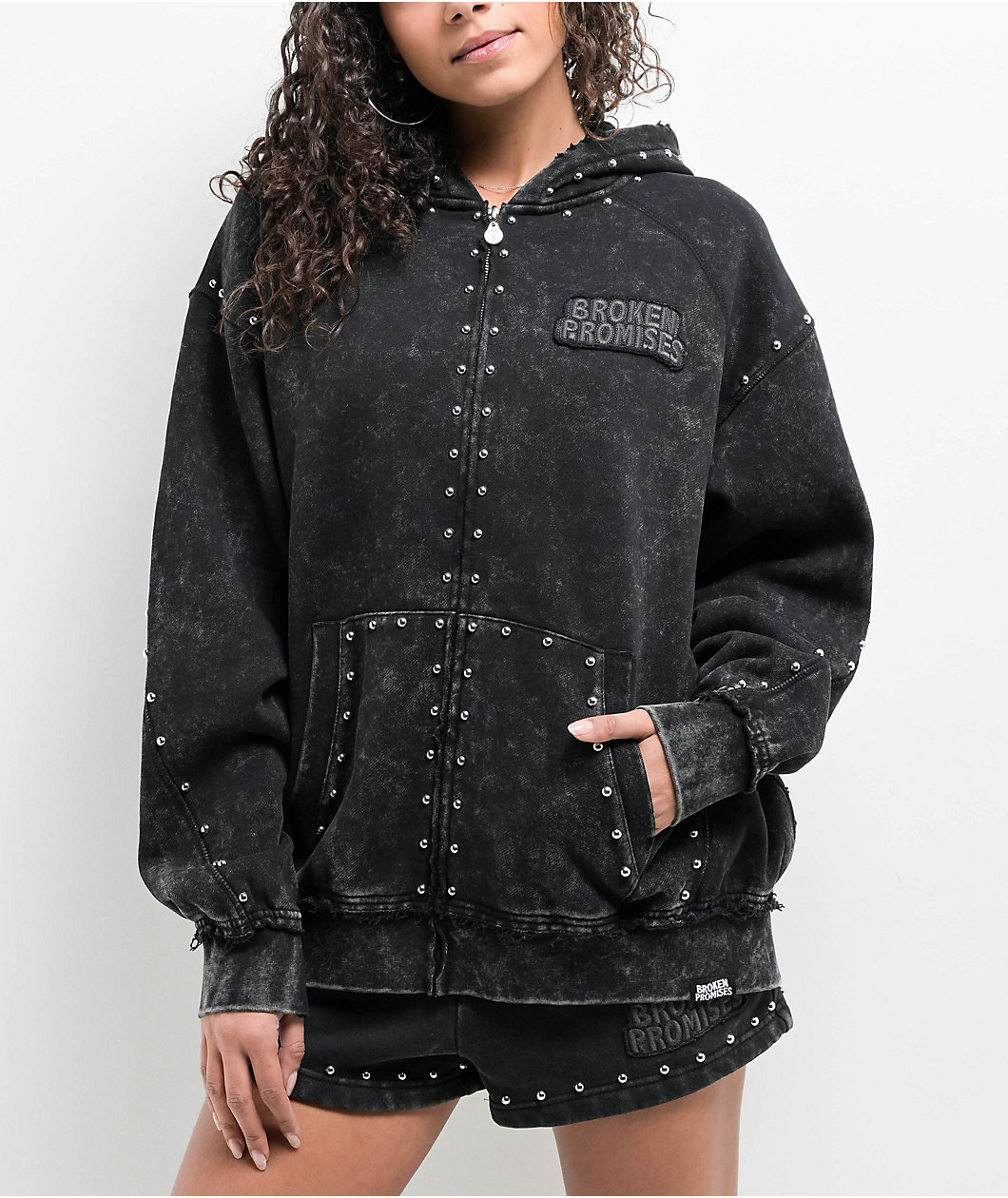 Broken Promises Adorned Black Wash Zip Hoodie