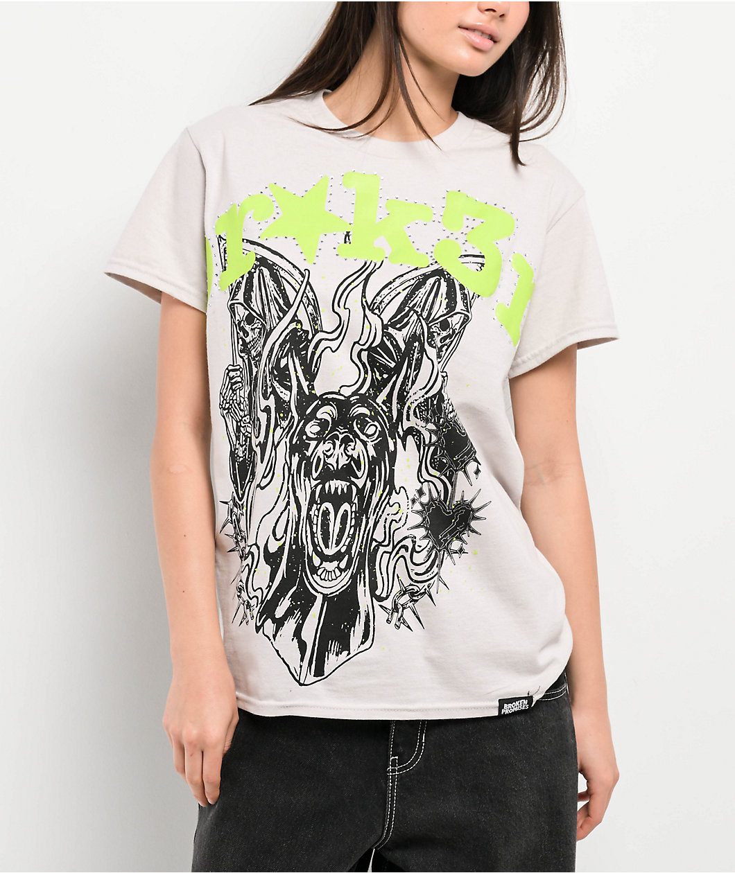 Broken Promises Beware Rhinestone Grey T-Shirt