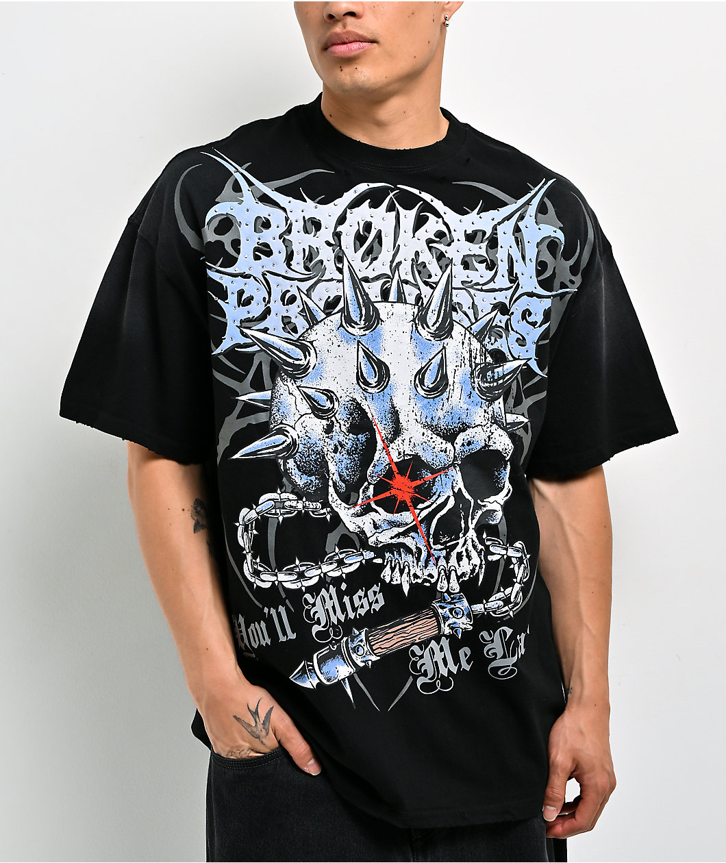 Broken Promises Bludgeon Rhinestone Black Wash T-Shirt