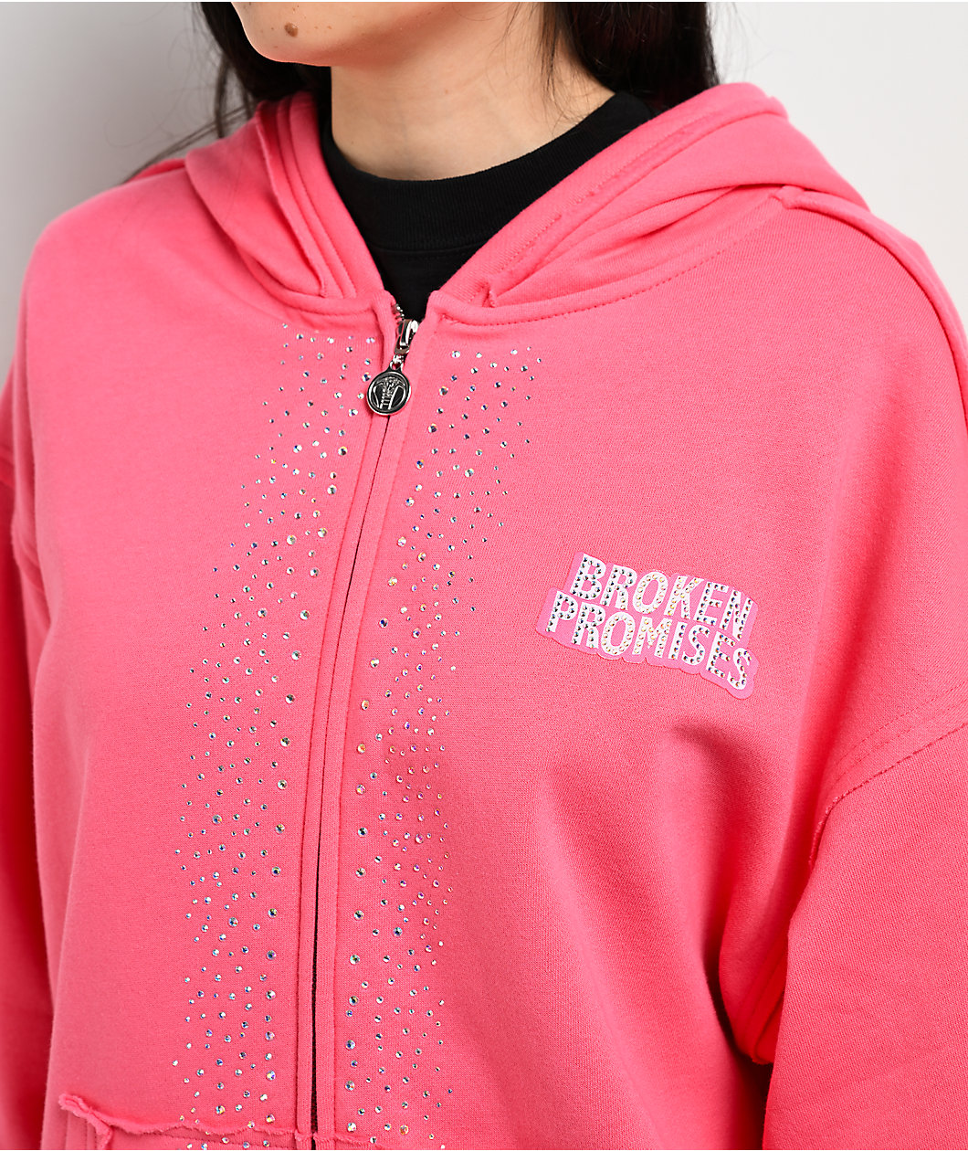 Broken Promises Bougie Rhinestone Pink Zip Hoodie