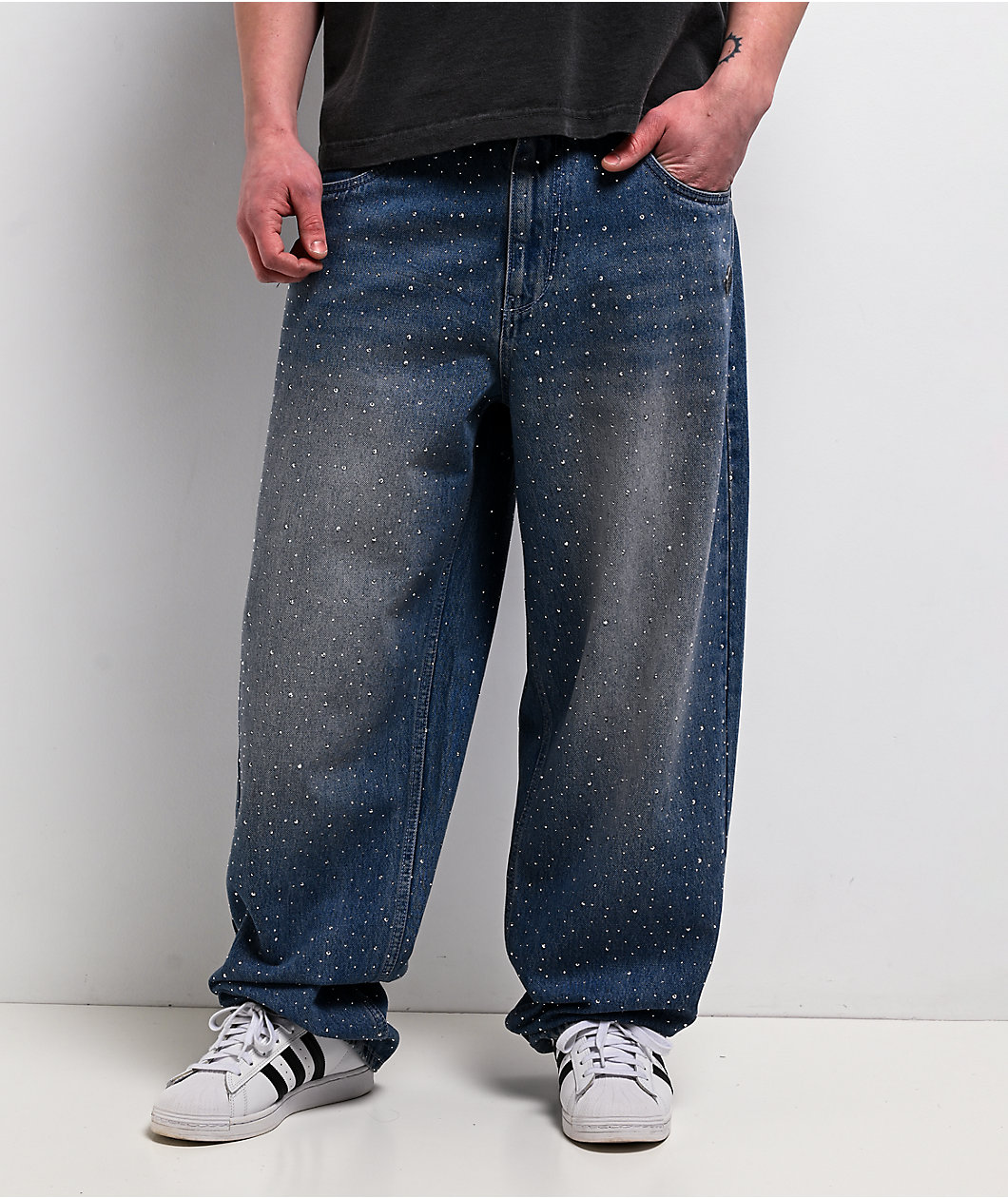 Broken Promises Enamored Rhinestone Blue Wash Loose Fit Jeans