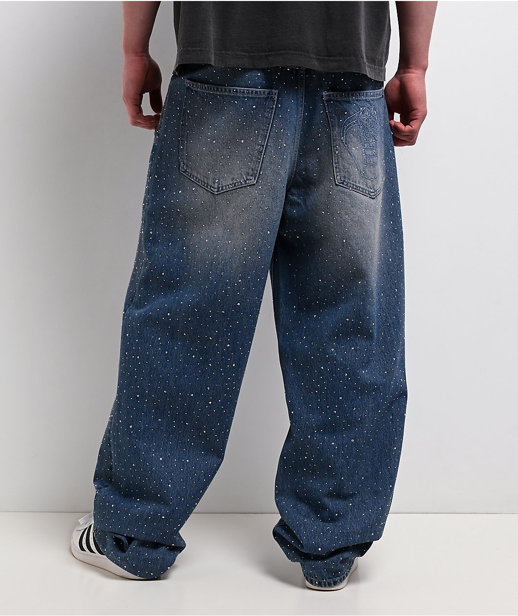 Broken Promises Enamored Rhinestone Blue Wash Loose Fit Jeans
