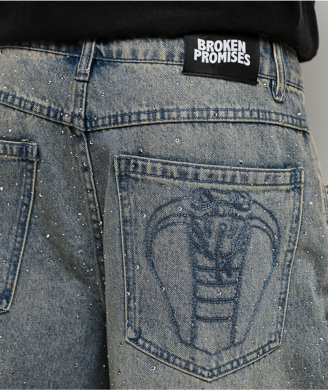 Broken Promises Enamored Rhinestone Light Blue Wash Loose Fit Shorts