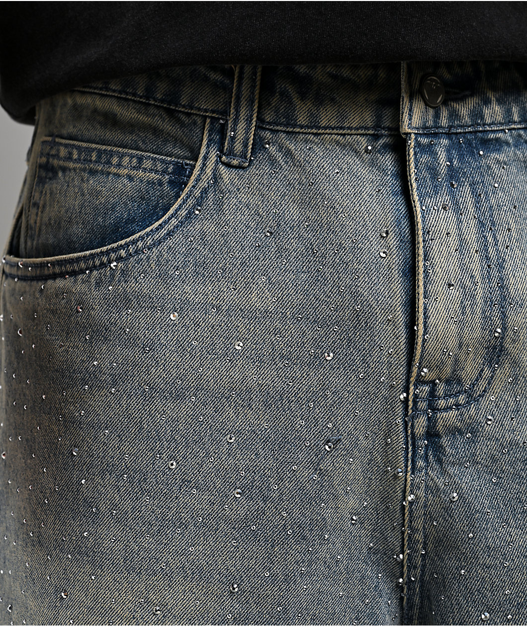 Broken Promises Enamored Rhinestone Light Blue Wash Loose Fit Shorts