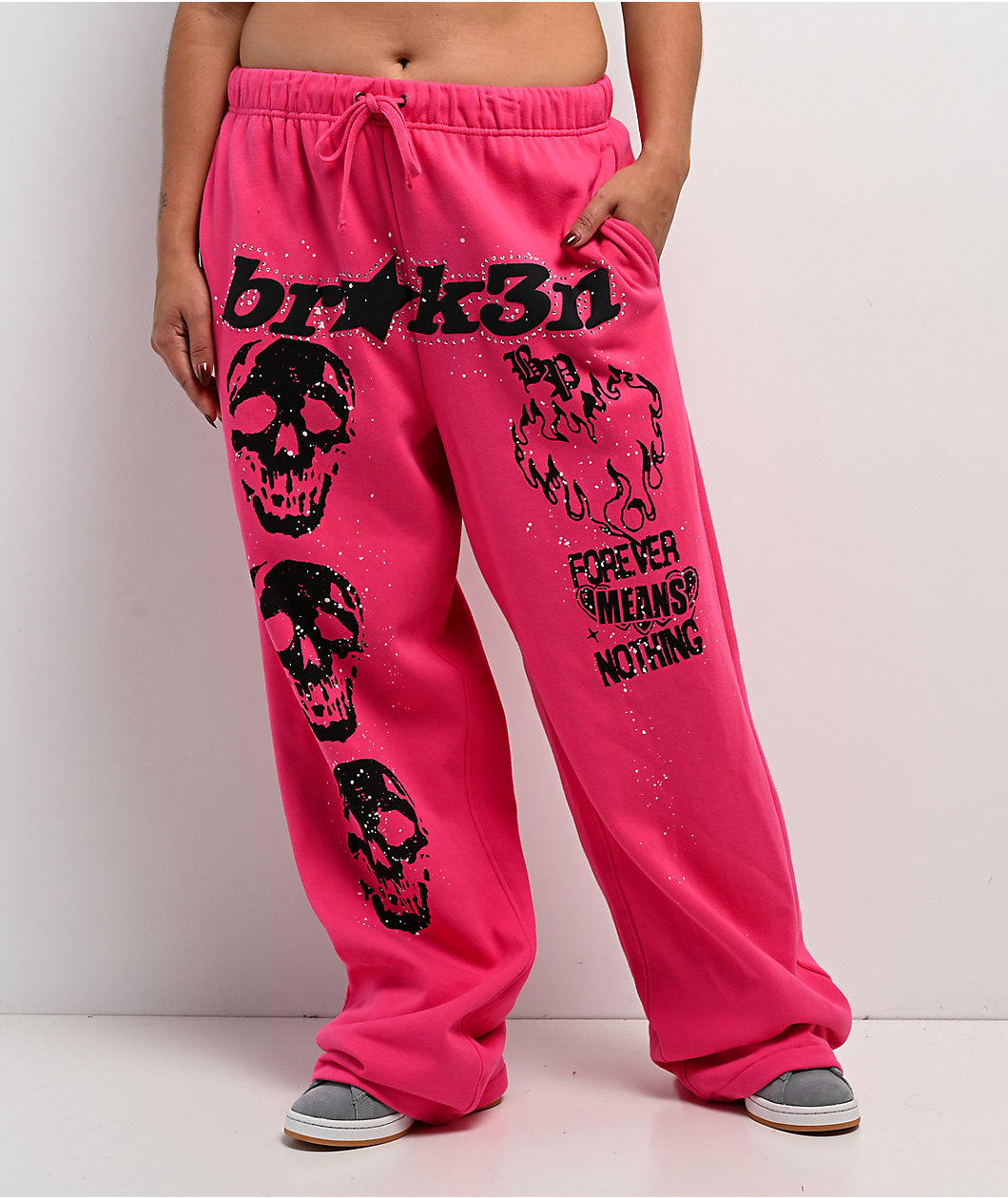 Broken Promises Faceless Rhinestone Pink Wide Leg Sweatpants