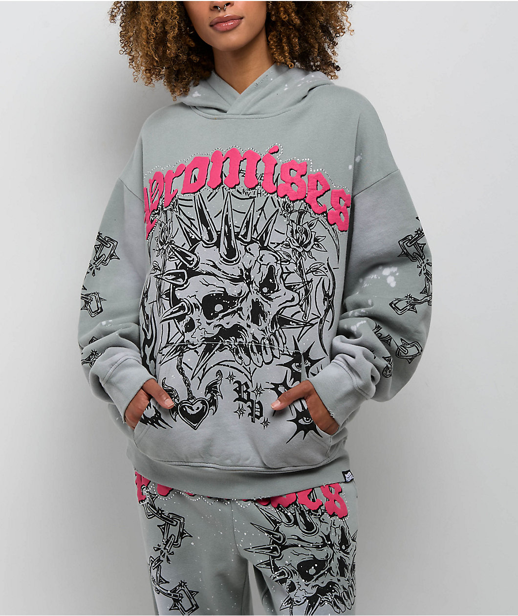 Broken Promises Hysteria Grey Rhinestone Hoodie