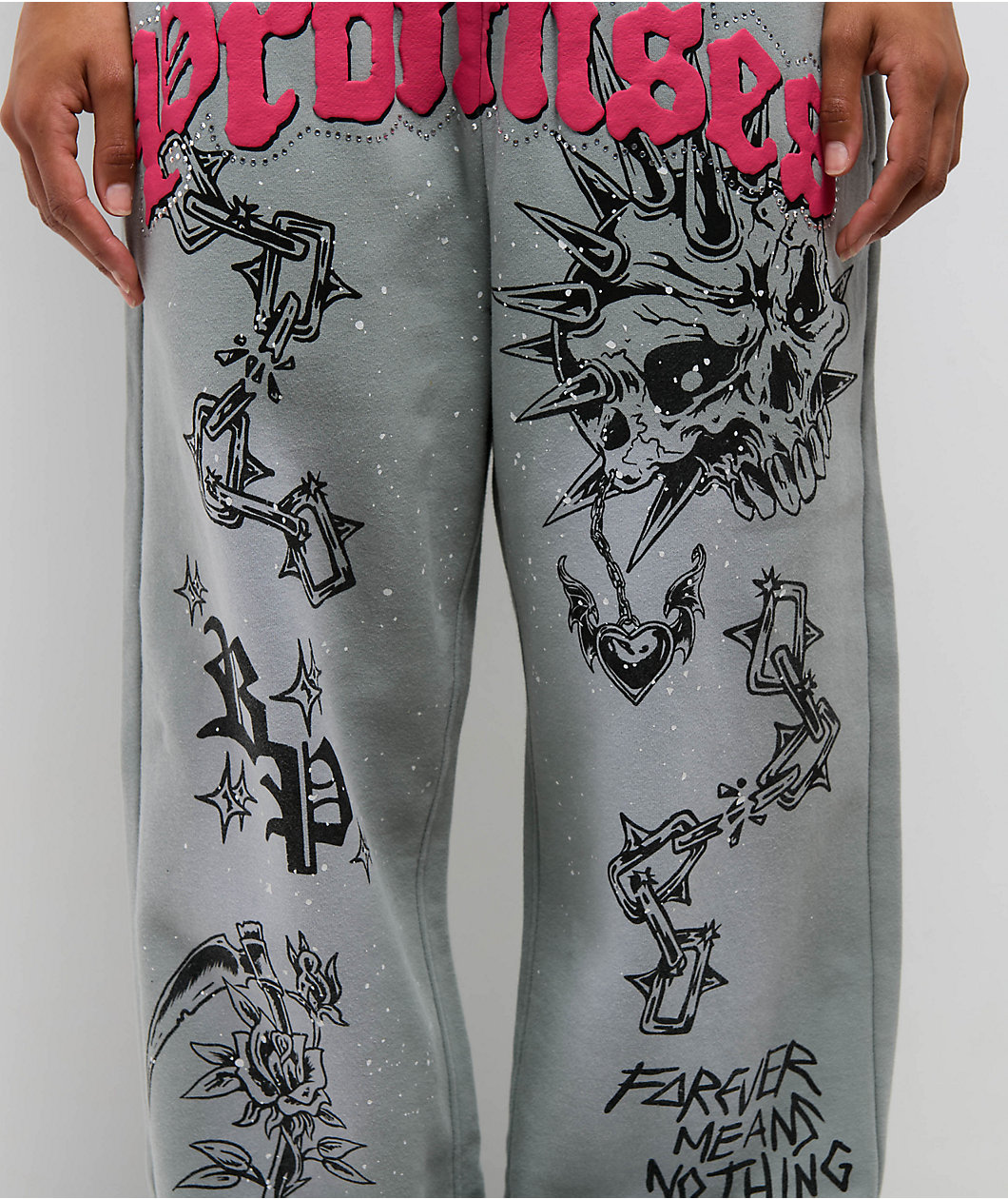 Broken Promises Hysteria Grey Rhinestone Sweatpants