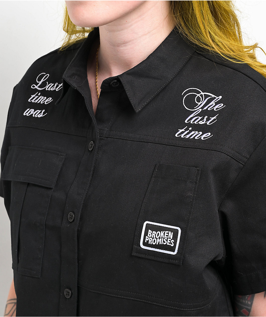 Broken Promises Last Time Black Crop Work Shirt