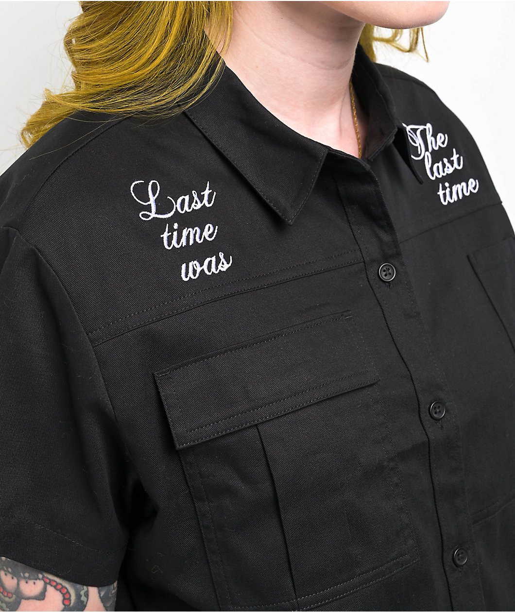 Broken Promises Last Time Black Crop Work Shirt