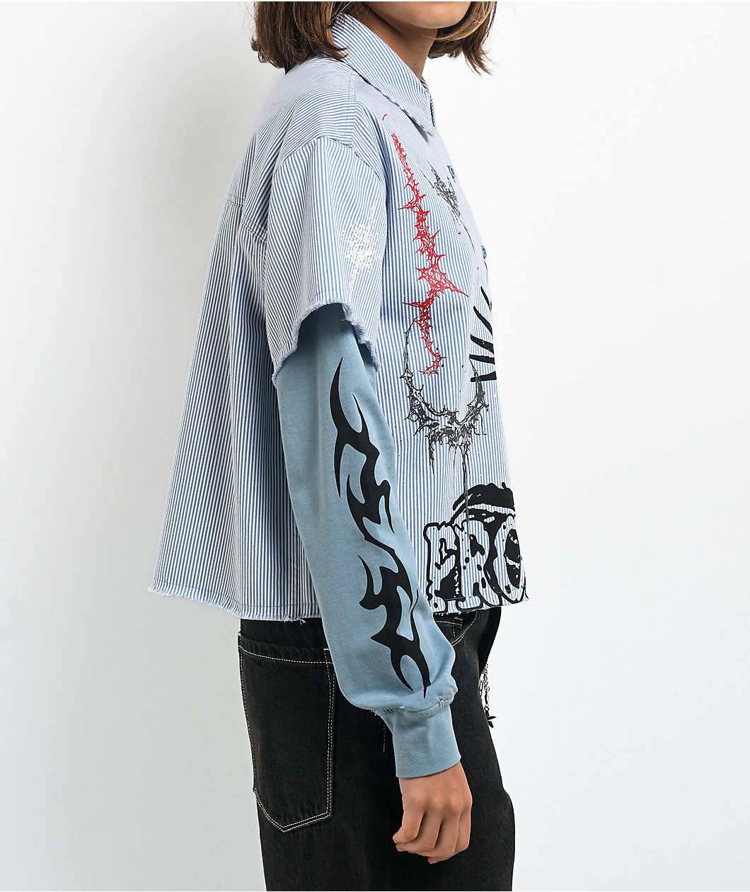 Broken Promises Liberty Blue & White 2fer Long Sleeve Crop Shirt