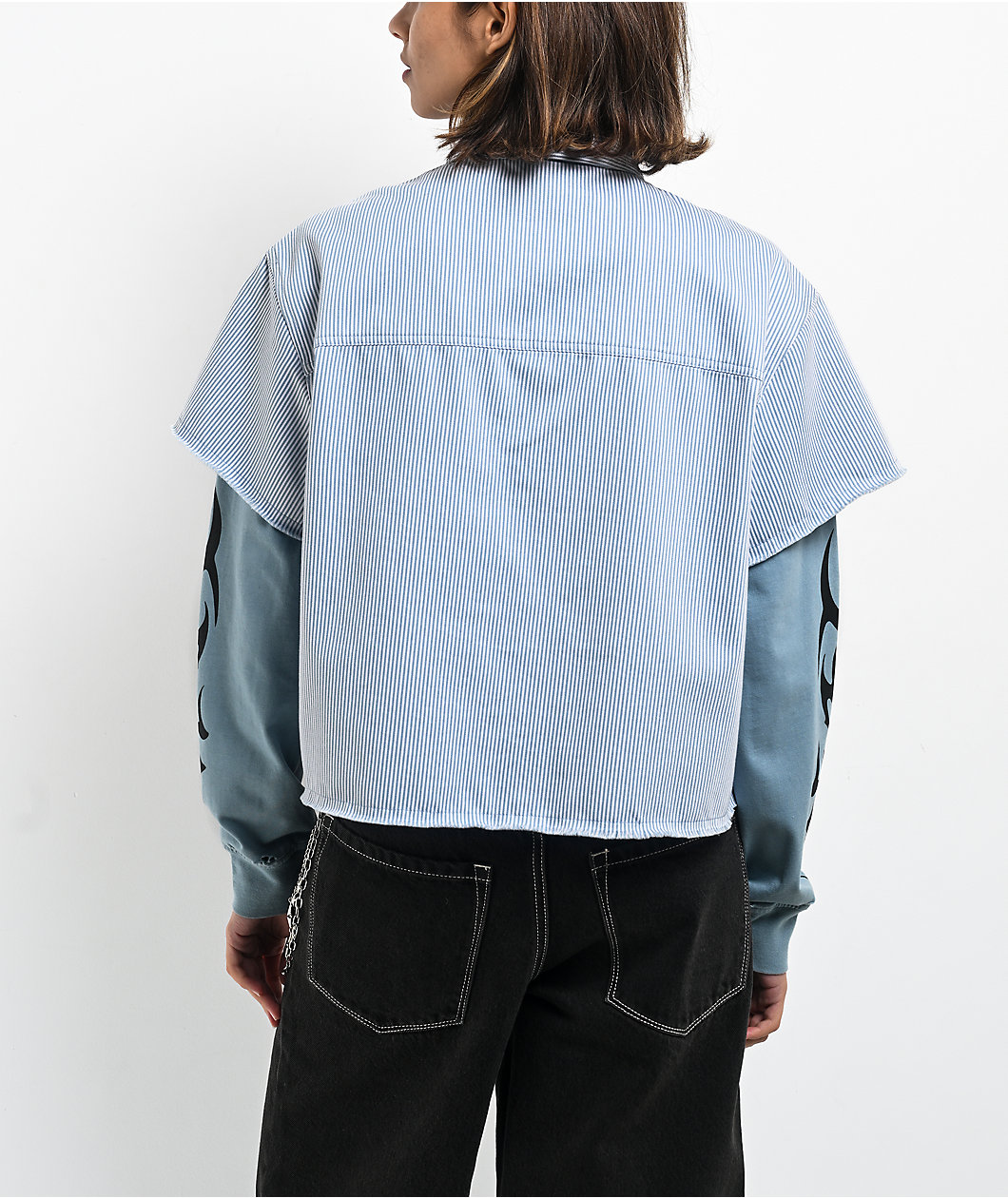 Broken Promises Liberty Blue & White 2fer Long Sleeve Crop Shirt