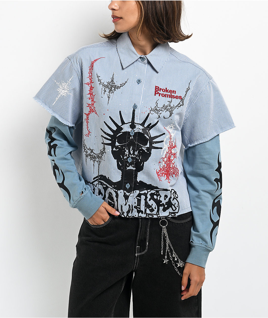 Broken Promises Liberty Blue & White 2fer Long Sleeve Crop Shirt