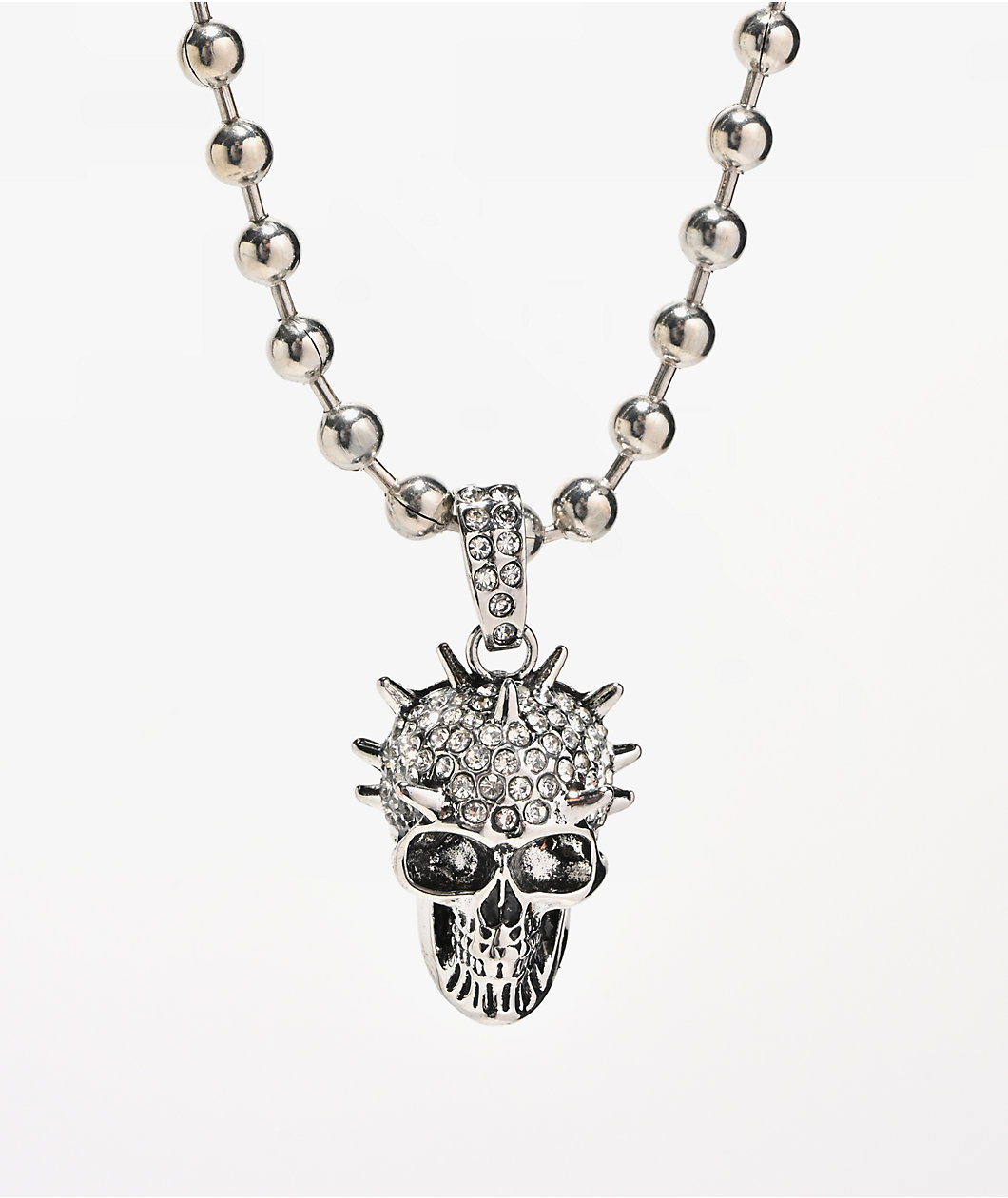 Broken Promises Liberty Spike Skull Rhinestone 18" Silver Bead Necklace