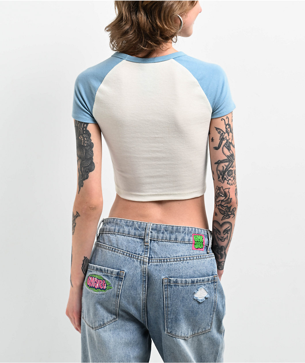 Broken Promises Manic Natural & Pastel Blue Raglan Crop T-Shirt