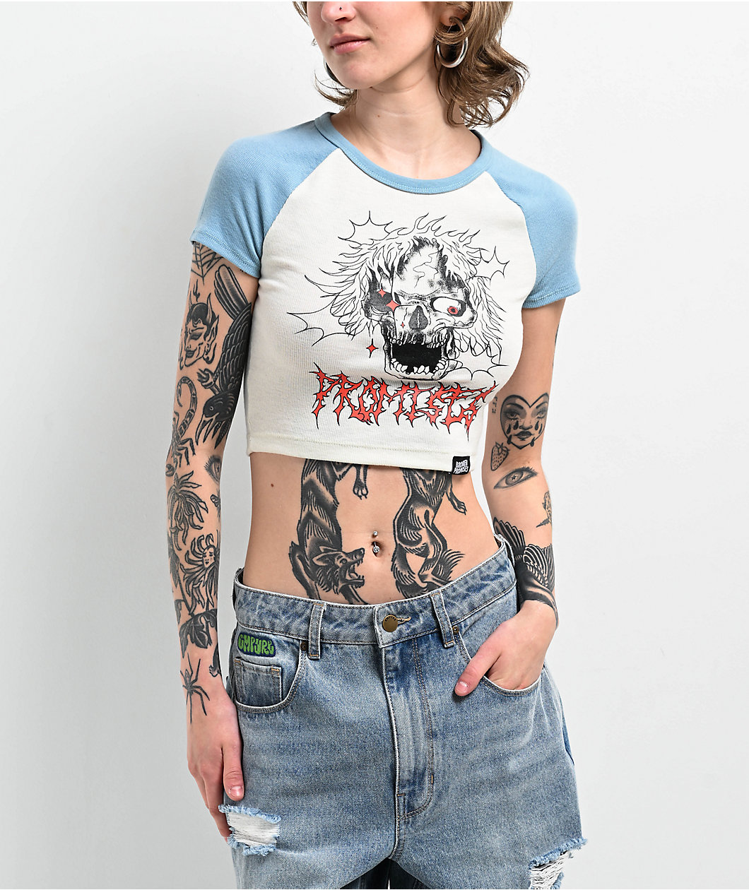 Broken Promises Manic Natural & Pastel Blue Raglan Crop T-Shirt