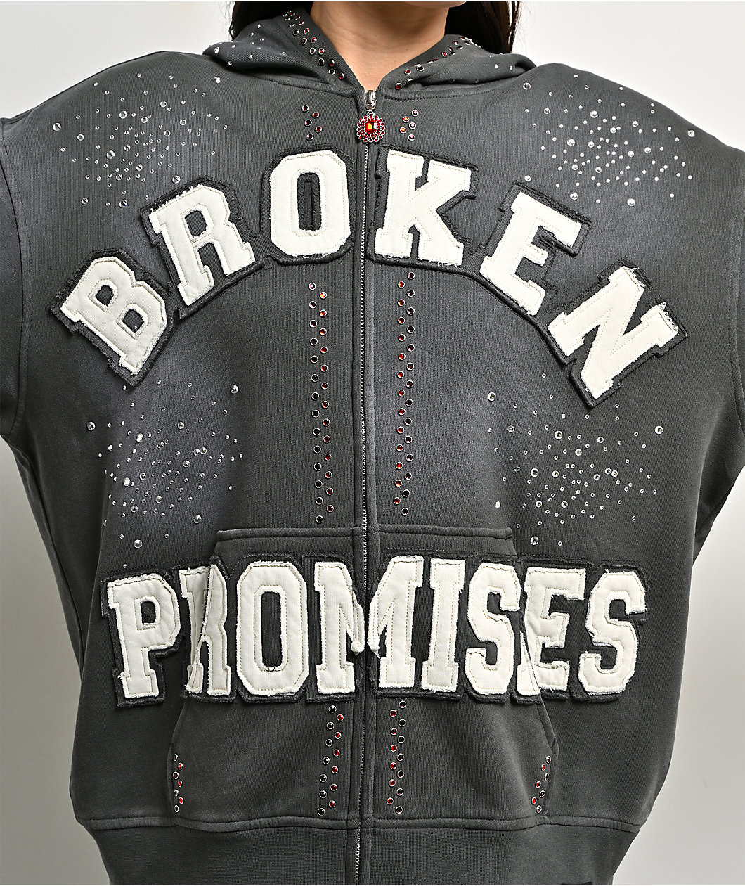 Broken Promises Momentum Rhinestone Grey Wash Zip Hoodie