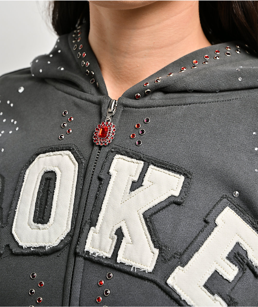 Broken Promises Momentum Rhinestone Grey Wash Zip Hoodie