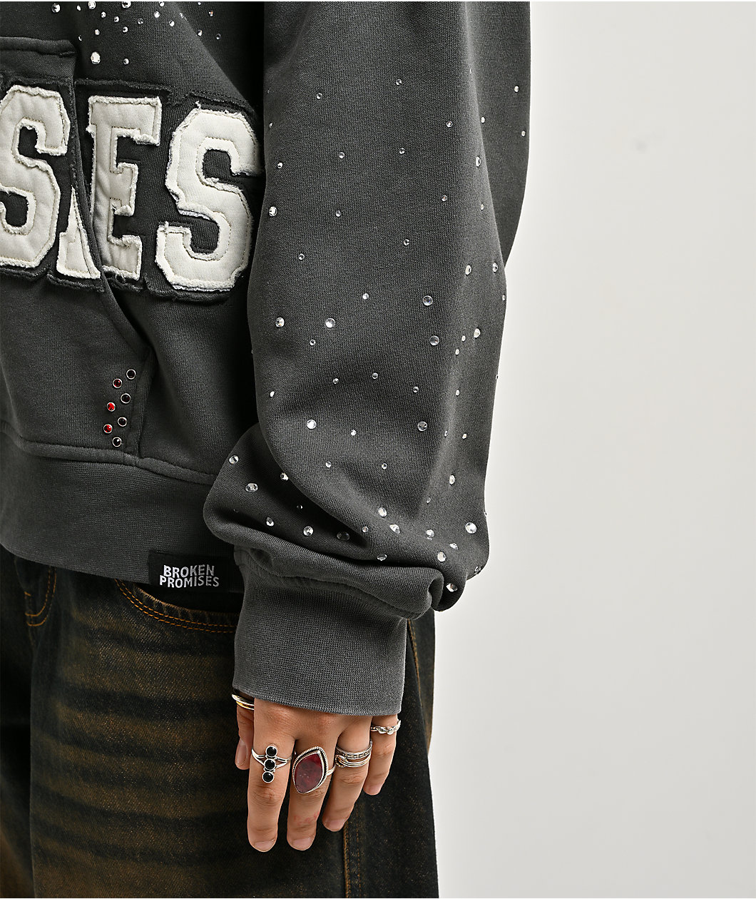 Broken Promises Momentum Rhinestone Grey Wash Zip Hoodie