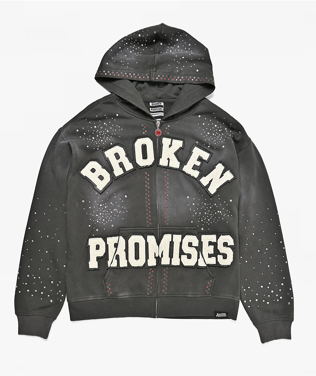 Broken Promises Momentum Rhinestone Grey Wash Zip Hoodie