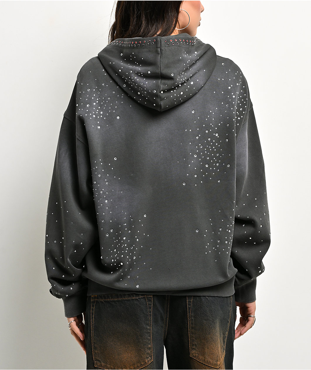 Broken Promises Momentum Rhinestone Grey Wash Zip Hoodie