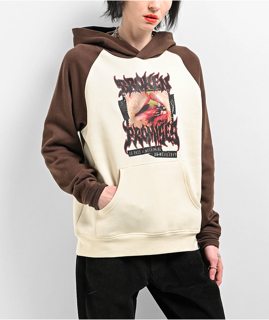 Broken Promises Nightmare Kiss Brown & Tan Raglan Hoodie