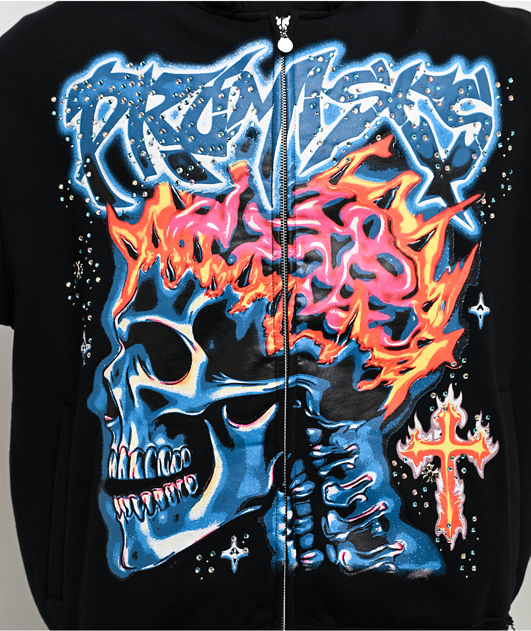 Broken Promises Numskull Rhinestone Black Zip Hoodie