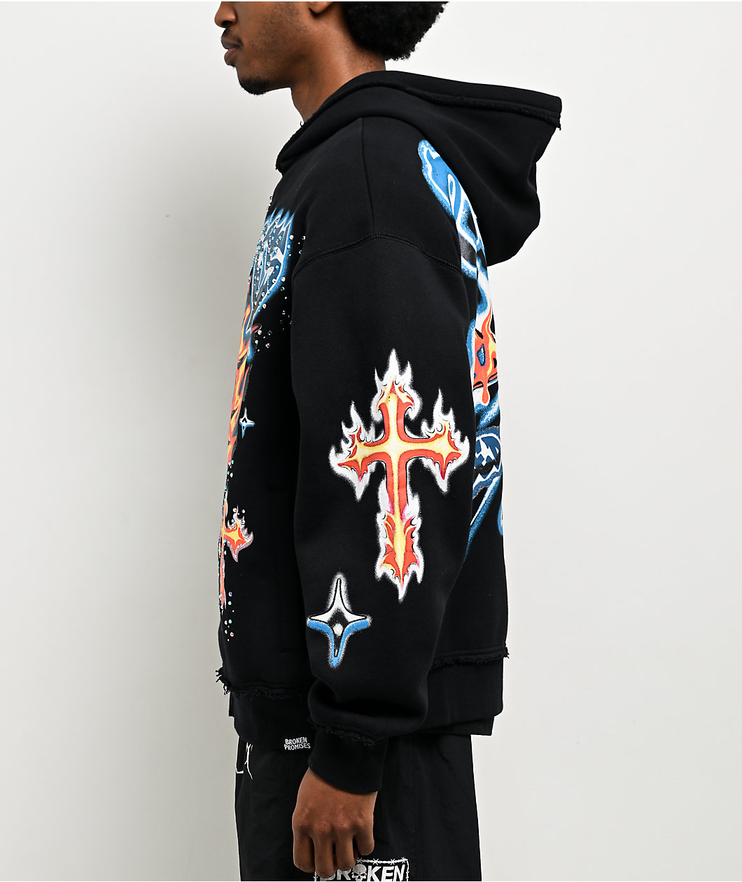 Broken Promises Numskull Rhinestone Black Zip Hoodie