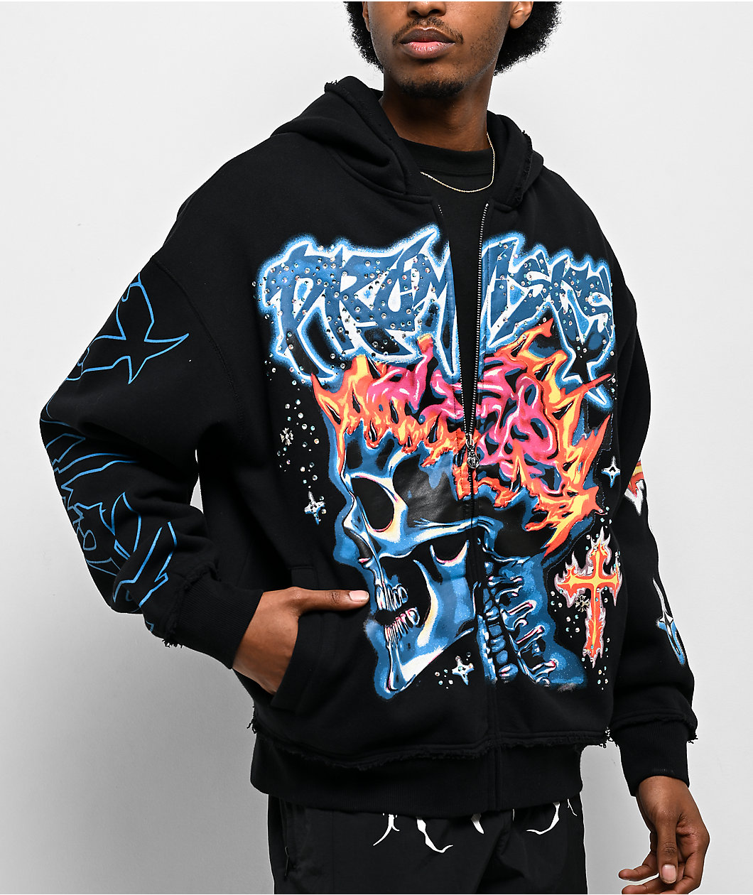 Broken Promises Numskull Rhinestone Black Zip Hoodie