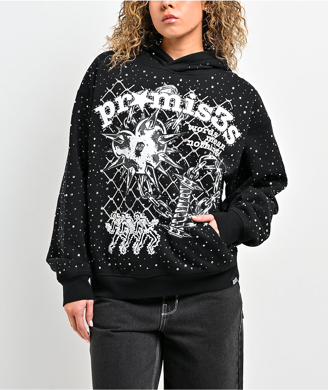 Broken Promises Pain And Pleasure Rhinestone Black Hoodie