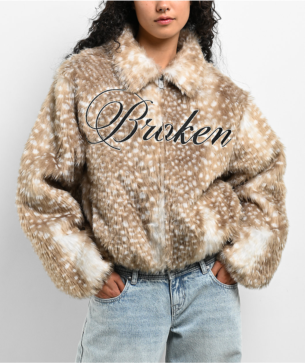 Broken Promises Soft Spot Brown & White Faux Fur Crop Jacket