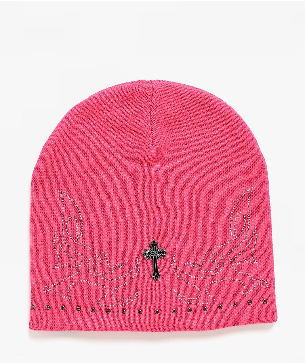 Broken Promises Surrender Rhinestone Pink Skully Beanie