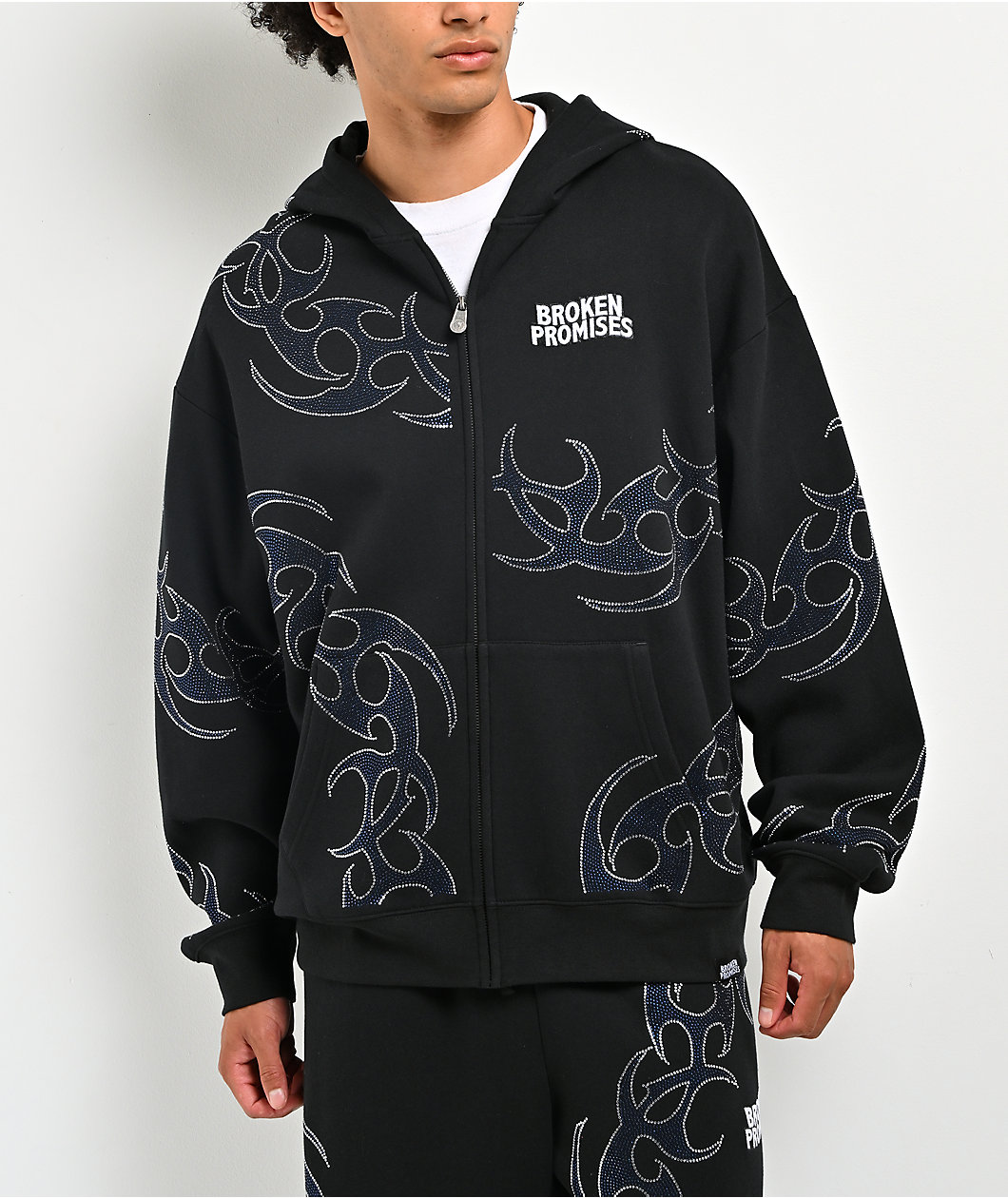 Broken Promises Ultrablade Rhinestone Black Zip Hoodie