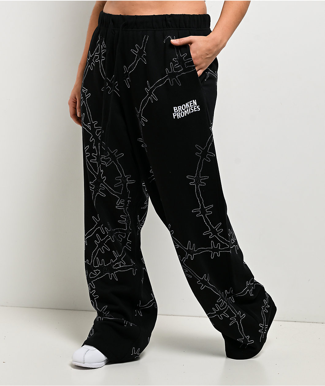 Broken Promises Ultrawire Rhinestone Black Wide Leg Sweatpants