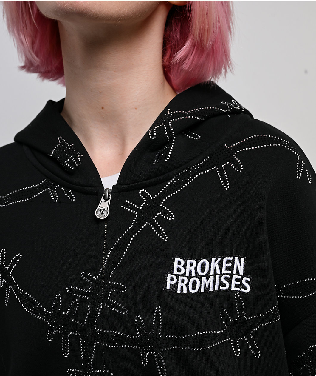 Broken Promises Ultrawire Rhinestone Black Zip Hoodie