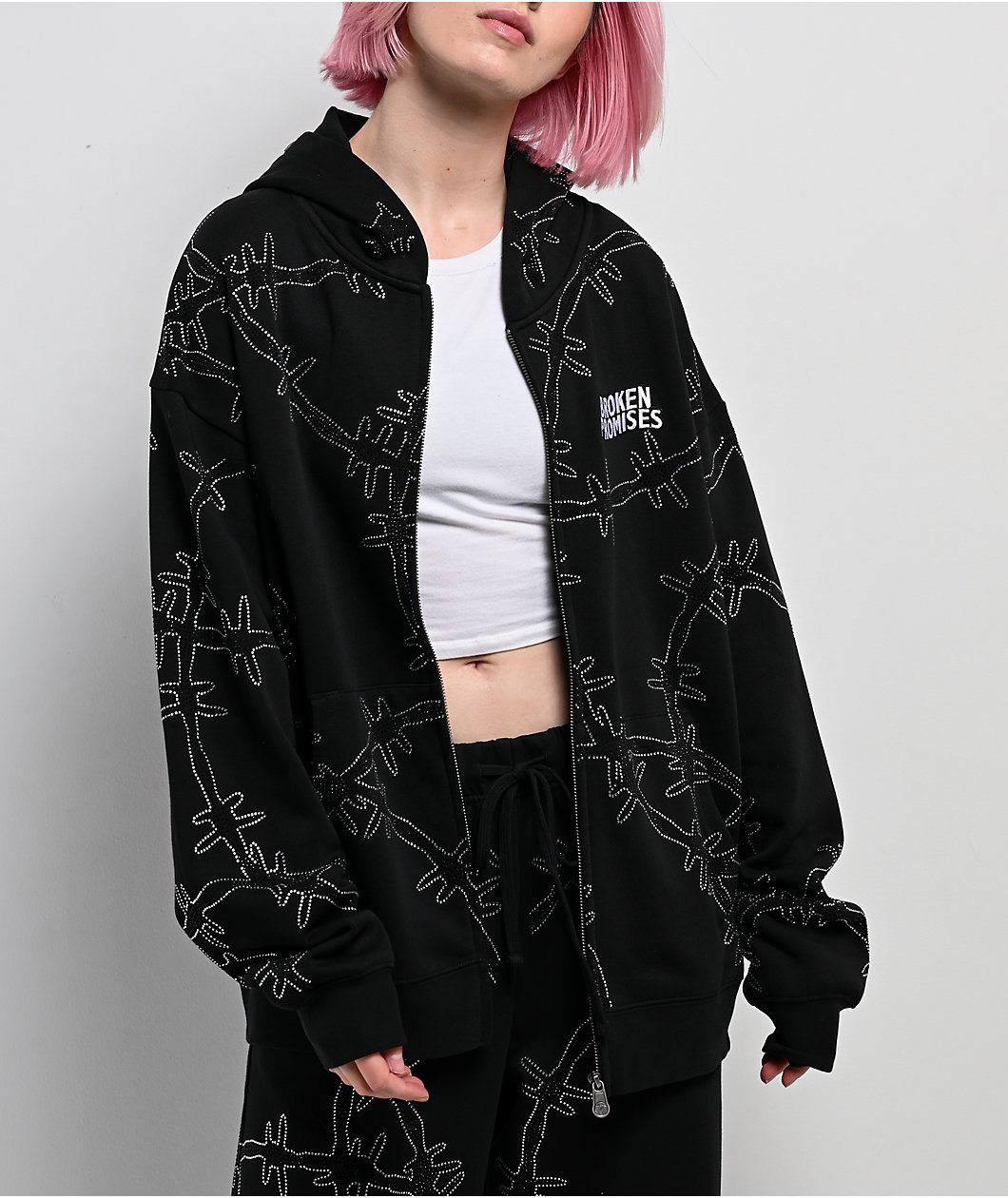 Broken Promises Ultrawire Rhinestone Black Zip Hoodie