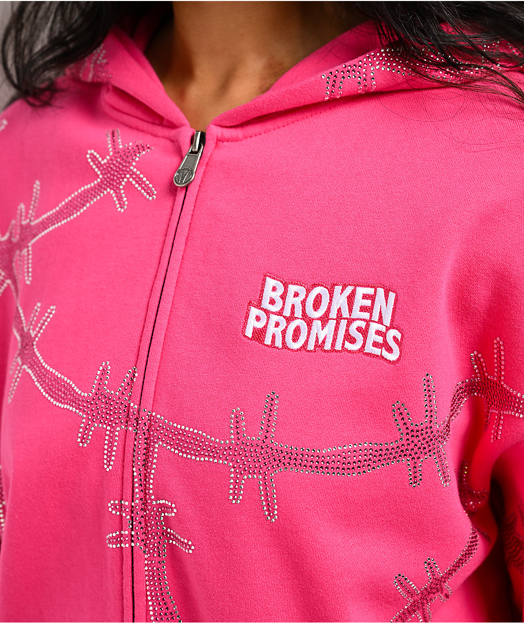 Broken Promises Ultrawire Rhinestone Pink Zip Hoodie