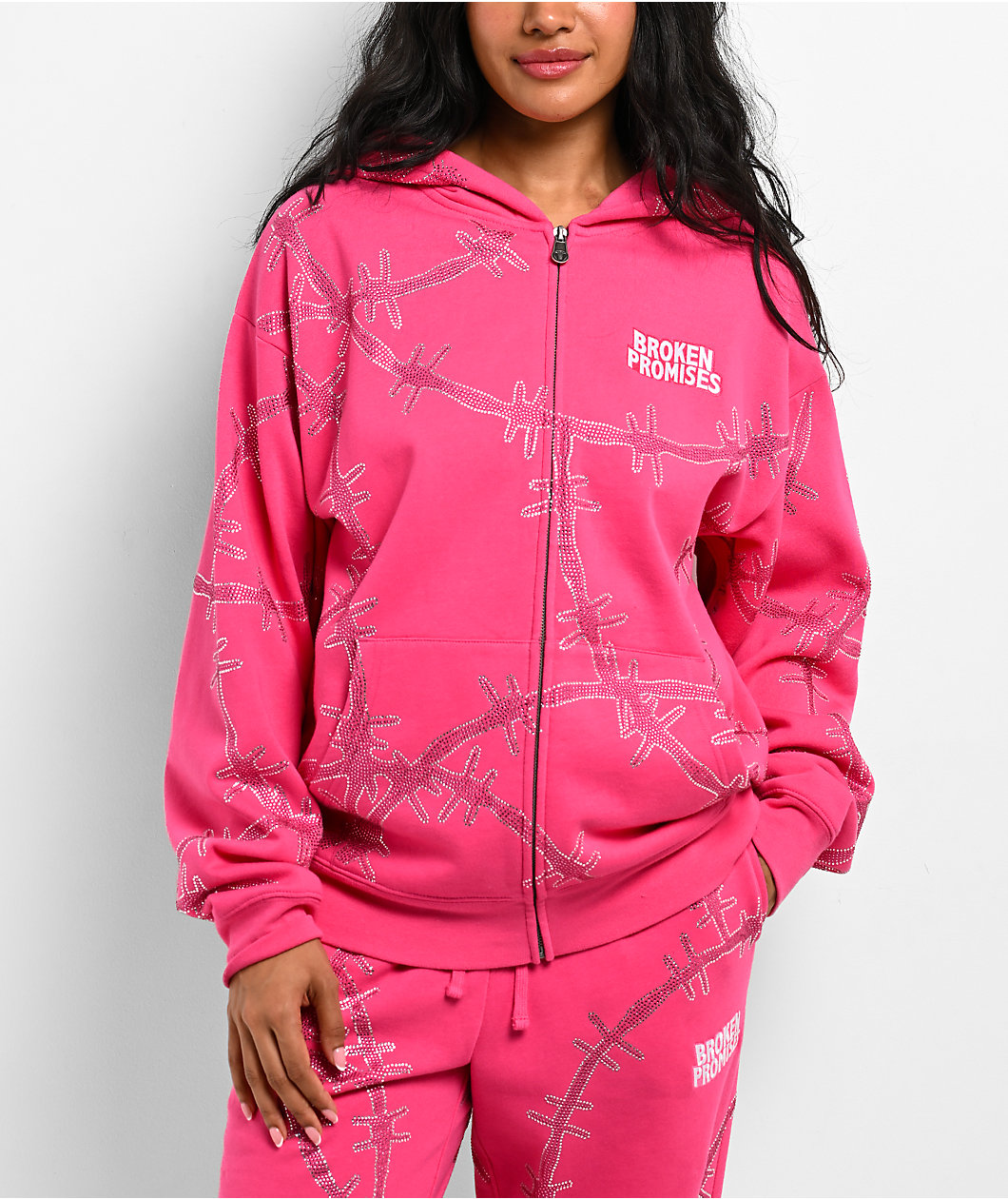 Broken Promises Ultrawire Rhinestone Pink Zip Hoodie
