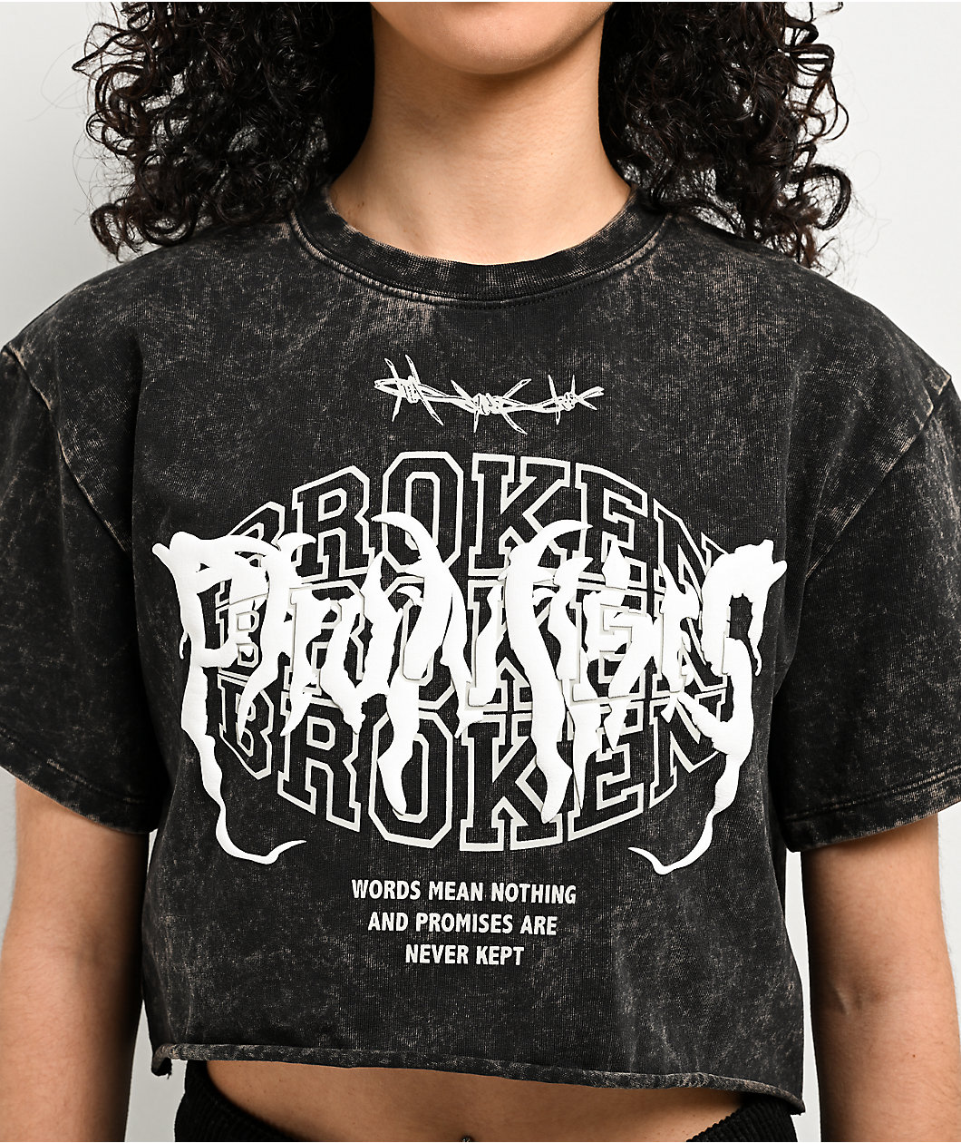 Broken Promises Underworld Black Acid Wash Crop T-Shirt