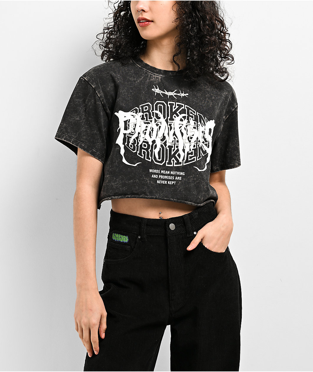 Broken Promises Underworld Black Acid Wash Crop T-Shirt