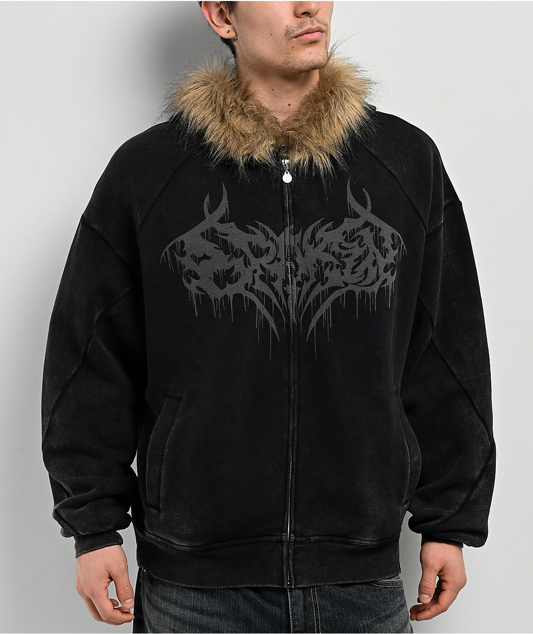 Broken Promises Unruly Black Wash Fur Zip Hoodie